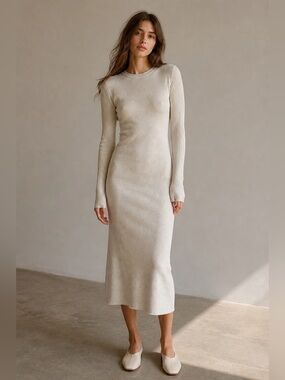 James Perse Ribbed Knit Midi Dress Long Sleeve Linen Blend Size 3 NWT